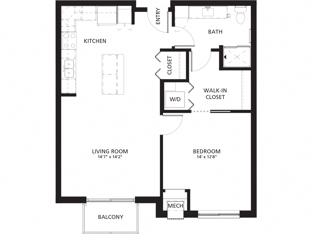 Floor plan for 1 bed, 1 bath, 805 sqft